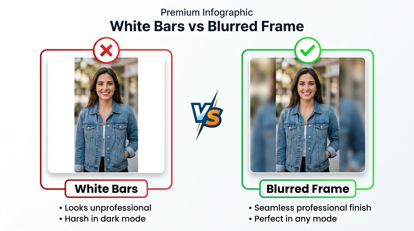 Side by side comparison of white letterbox bars versus blurred frame for WhatsApp DP - white bars look unprofessional while blurred frame gives seamless professional finish