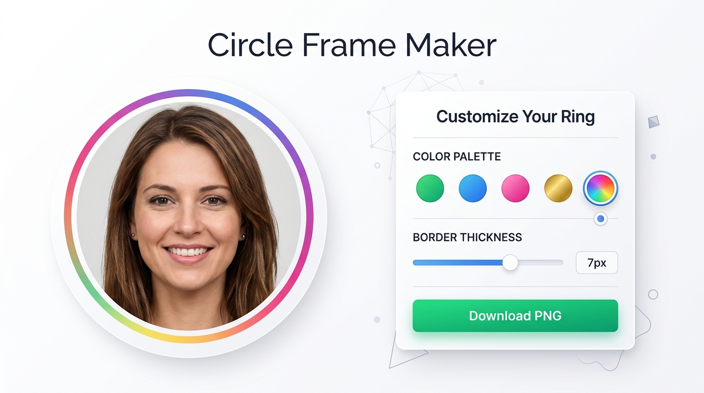 Circle frame maker tool showing a realistic profile photo with customizable rainbow gradient ring border and color palette options