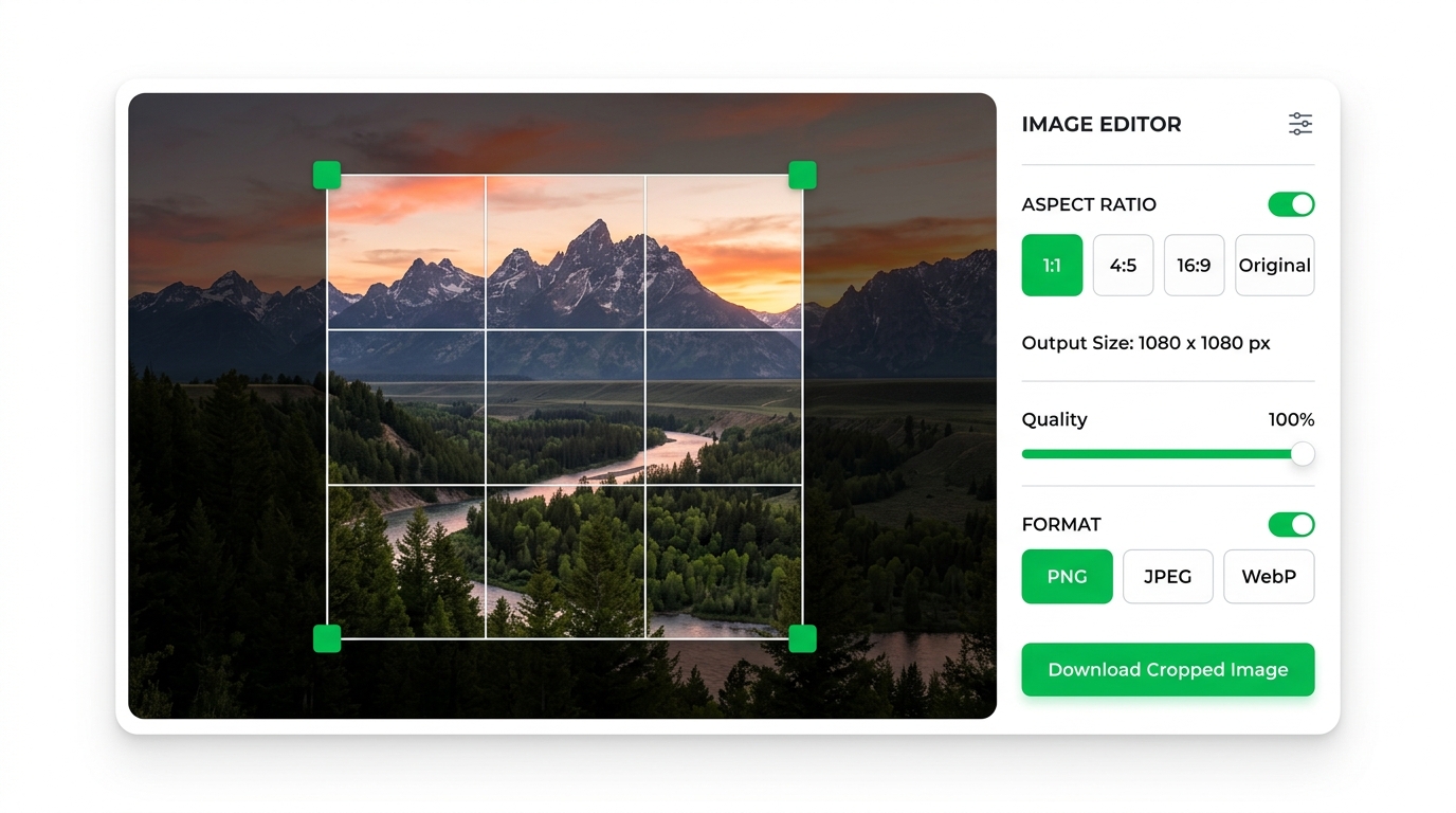 Online image cropper tool with rule of thirds grid overlay on a landscape photo showing crop handles, 1:1 aspect ratio selector, quality slider and download options