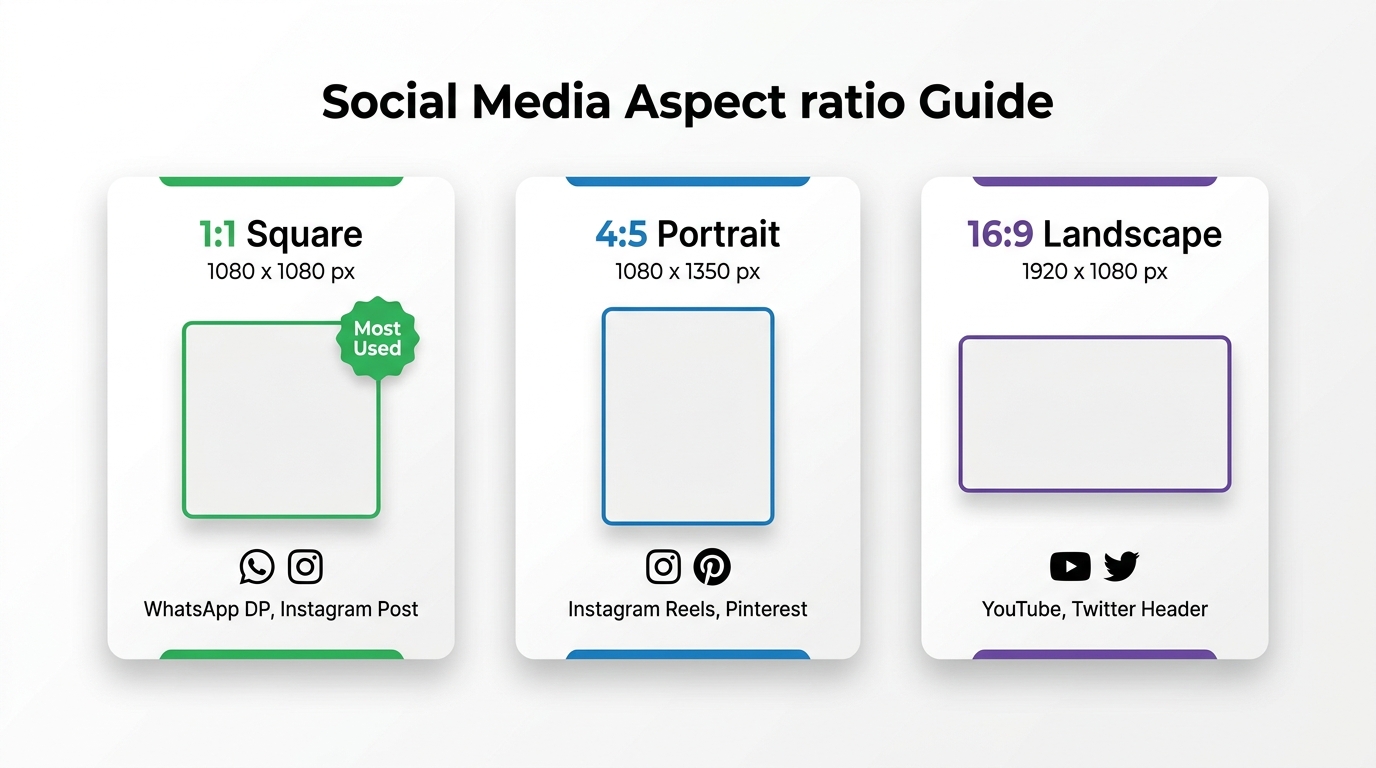Social media aspect ratio guide showing 1:1 square for WhatsApp DP and Instagram, 4:5 portrait for Reels and Pinterest, 16:9 landscape for YouTube and Twitter