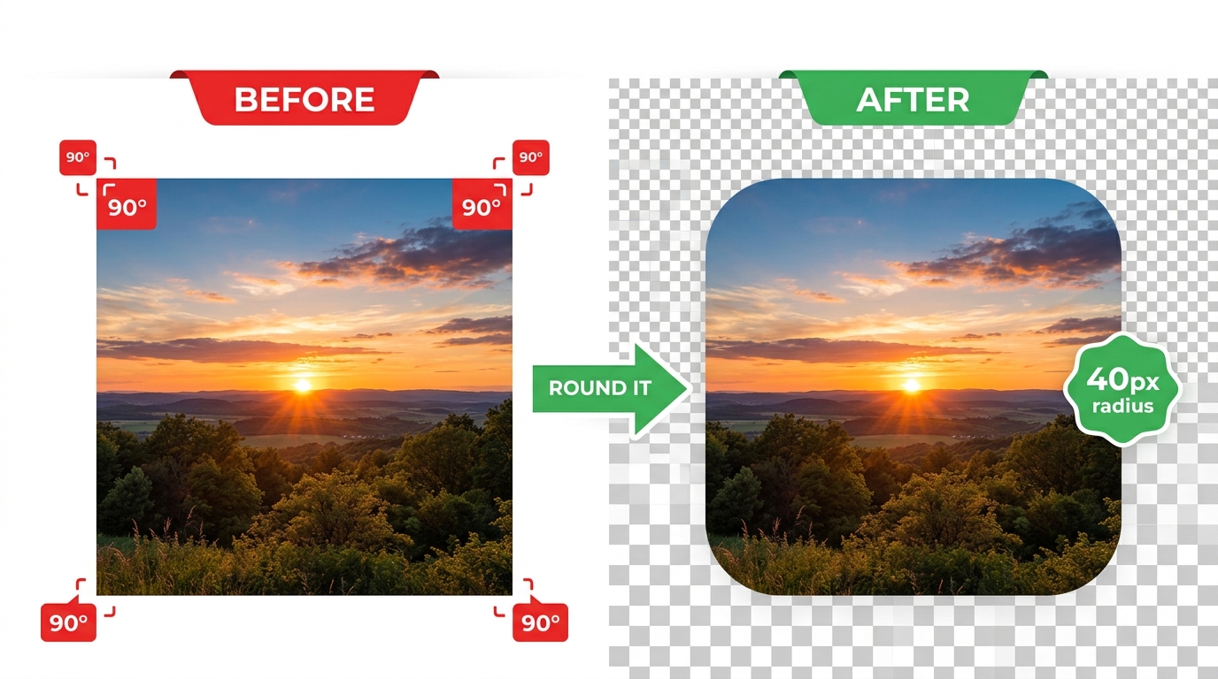 Before and after comparison of rounding image corners online - sharp 90 degree rectangular corners transformed to smooth 40px rounded edges with transparent PNG background