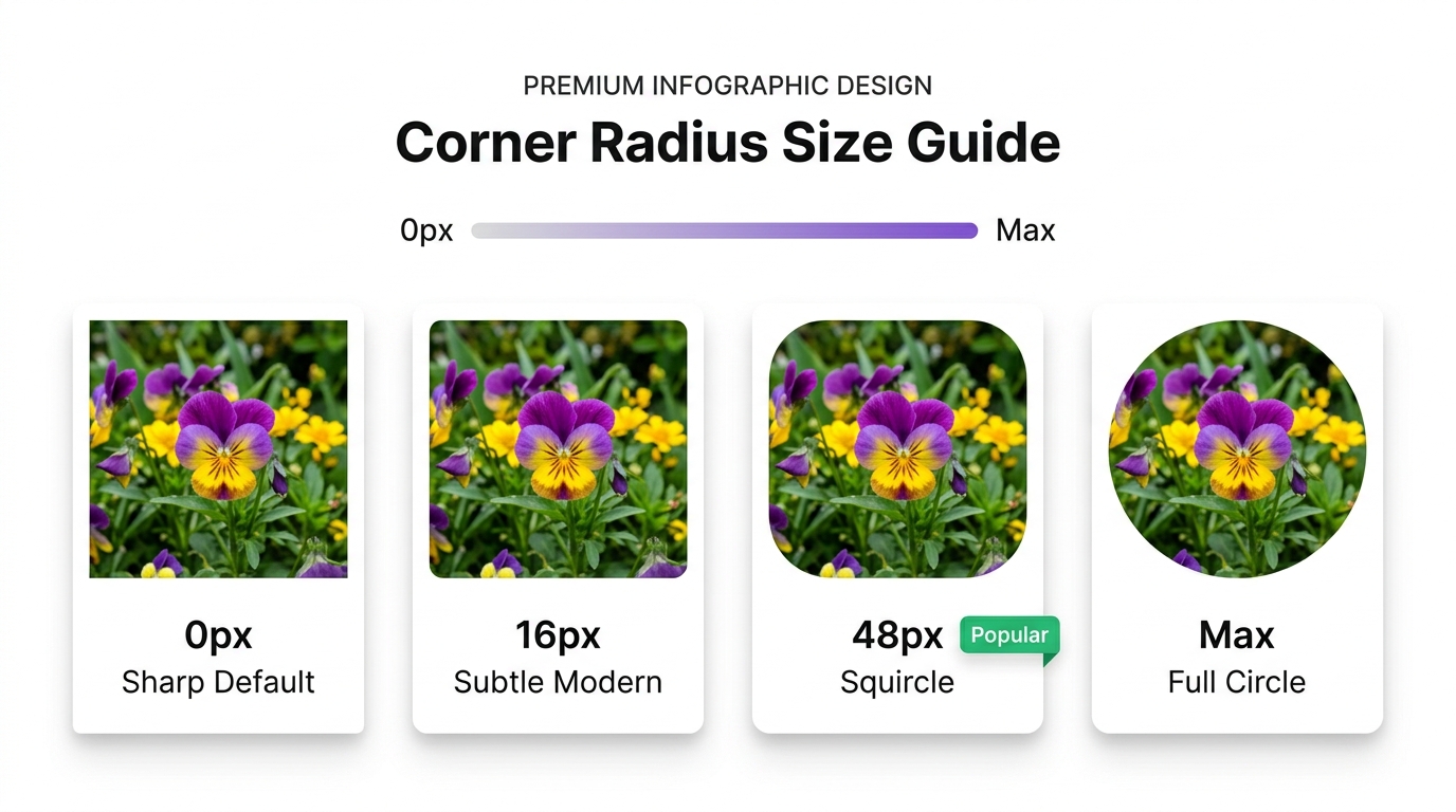 Corner radius size guide showing 0px sharp default, 16px subtle modern, 48px squircle most popular, and max full circle with realistic photo examples