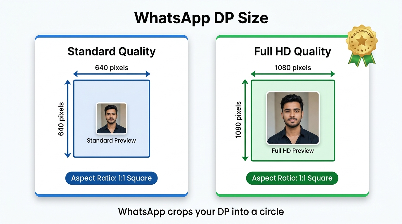 WhatsApp DP size specifications guide showing 640x640 standard quality vs 1080x1080 Full HD recommended resolution with 1:1 square aspect ratio